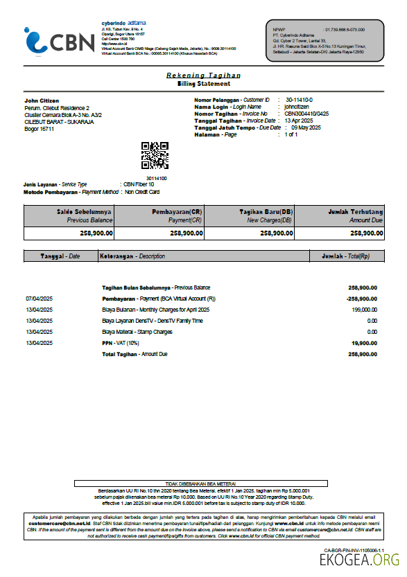 Indonesia Cyberindo Aditama utility bill template in Word and PDF formats